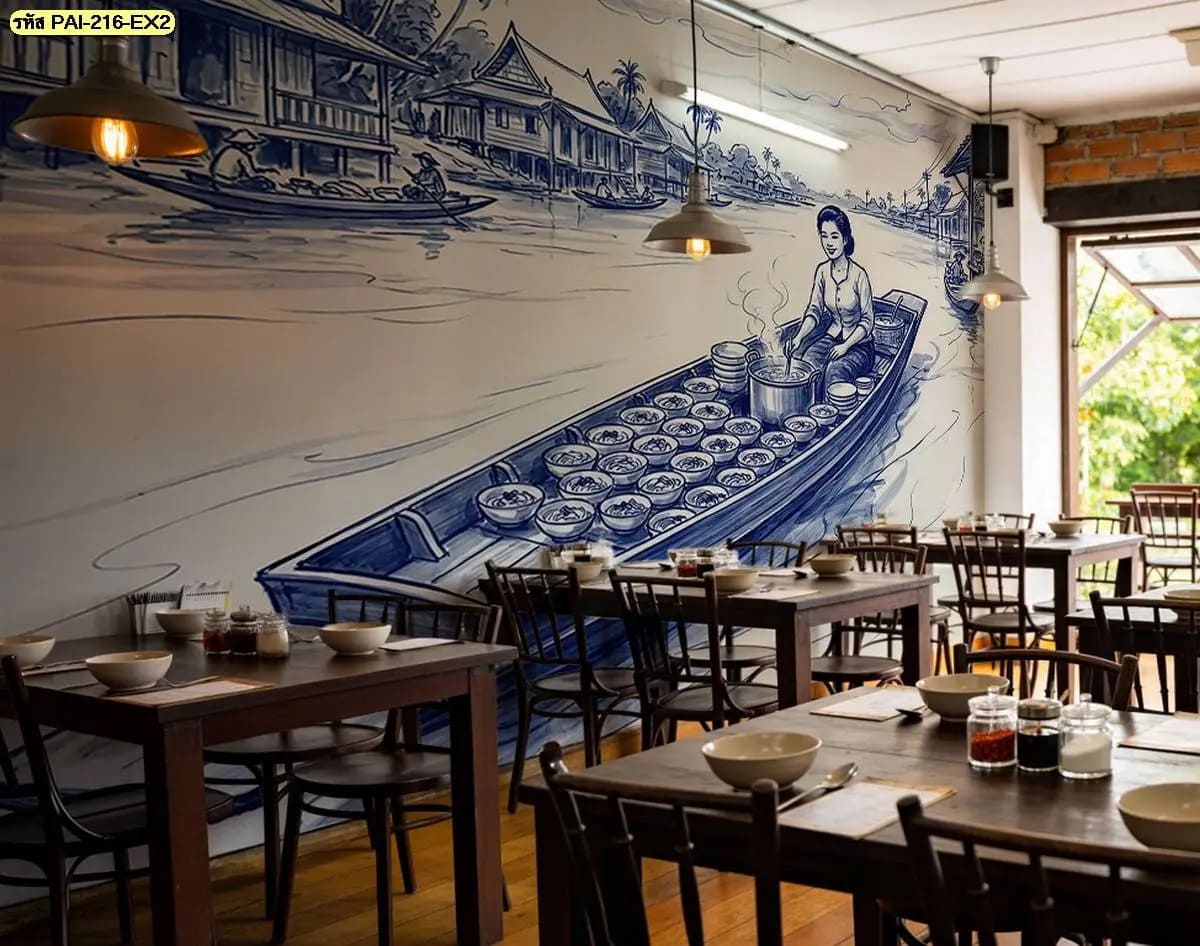 วอลเปเปอร์ติดผนังลายเรือก๋วยเตี๋ยวกลางคลอง สร้างเรื่องราวอาหารไทยผ่านภาพวาดสีน้ำเงินเข้มในห้องอาหารโทนไม้