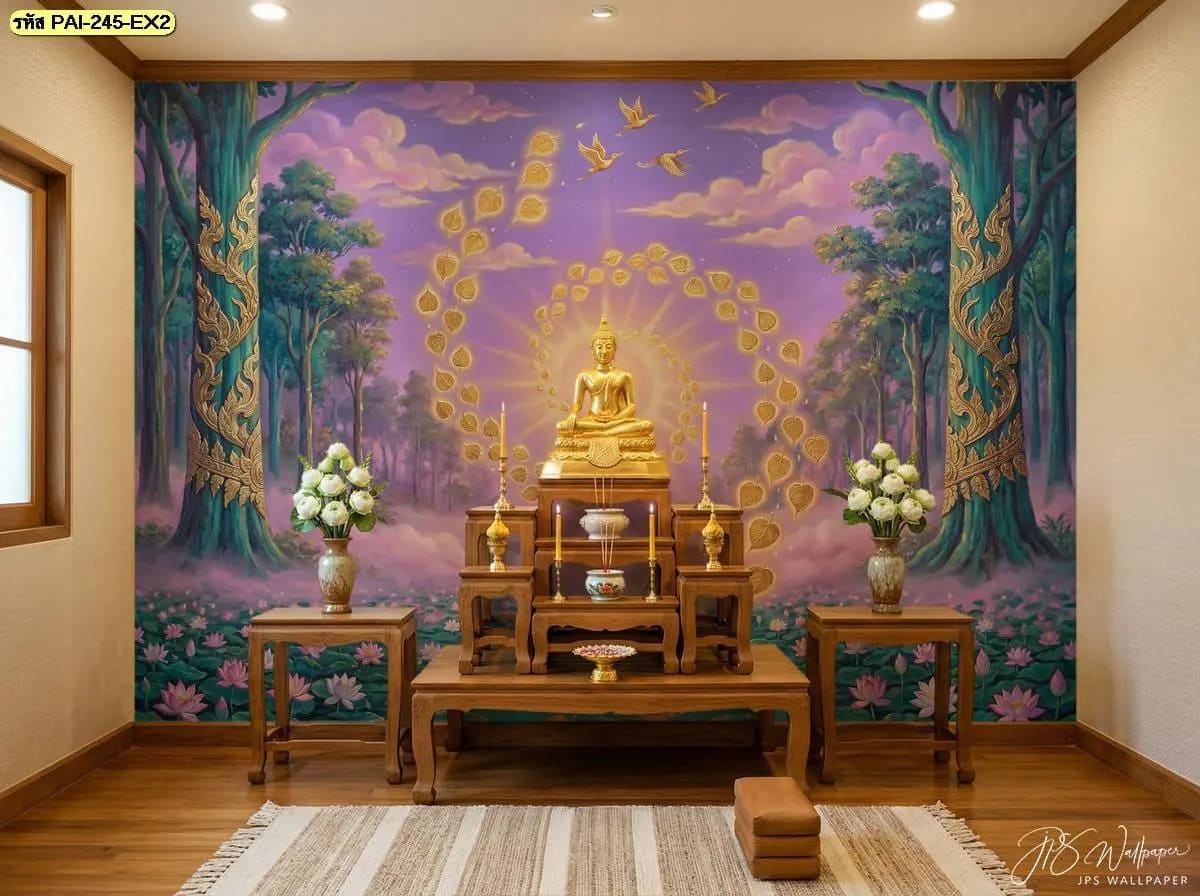วอลเปเปอร์สั่งพิมพ์ห้องพระ ลวดลายธรรมชาติสีม่วงทอง จัดองค์ประกอบอย่างสมมาตร เติมความสงบและความงามให้พื้นที่ปฏิบัติธรรม