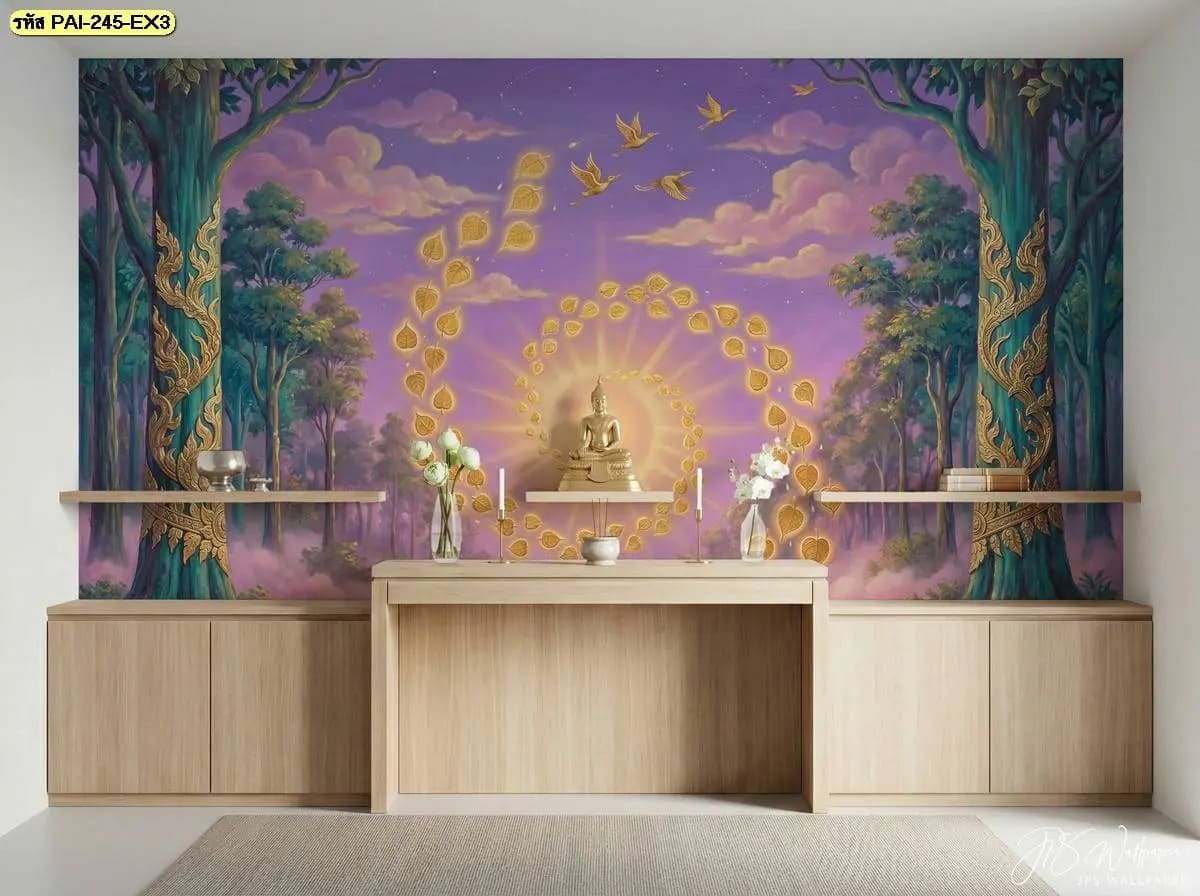 ภาพติดผนังห้องพระโทนม่วงทอง ผสานศิลปะธรรมชาติกับเฟอร์นิเจอร์ไม้ สร้างจุดเด่นให้ผนังอย่างสง่างามและสมดุล
