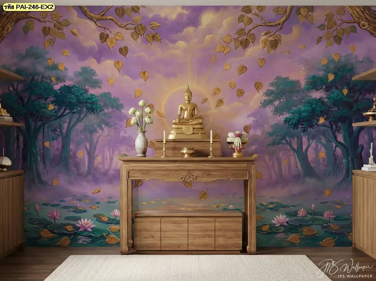 ภาพติดผนังห้องพระลายป่าในจินตนาการ โทนม่วงทองและเขียวเข้ม สร้างมิติของธรรมชาติพร้อมจุดเด่นกลางผนังอย่างลงตัว