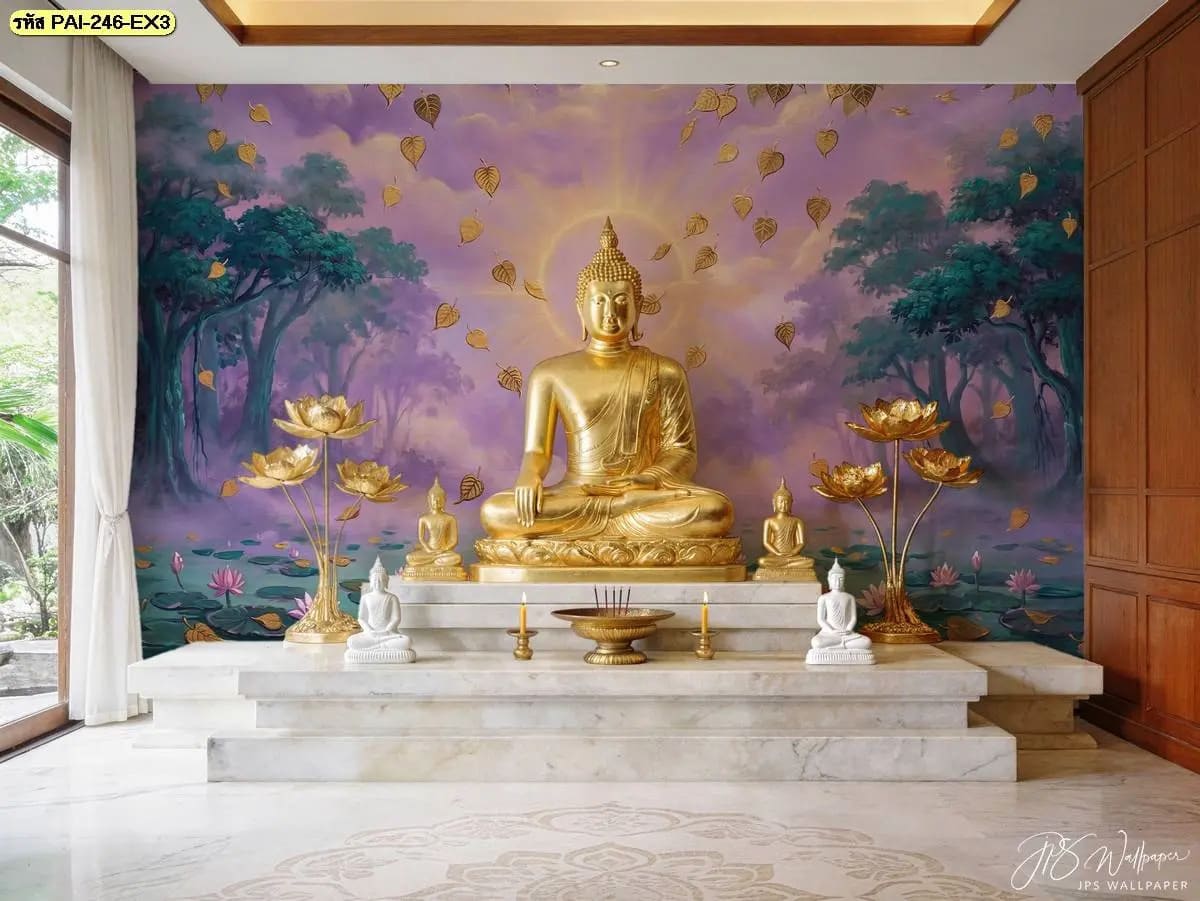 วอลเปเปอร์ห้องพระลายป่าหมอกสีม่วง แสงทอง และสายน้ำ ถ่ายทอดบรรยากาศสงบงามผ่านงานศิลปะติดผนัง