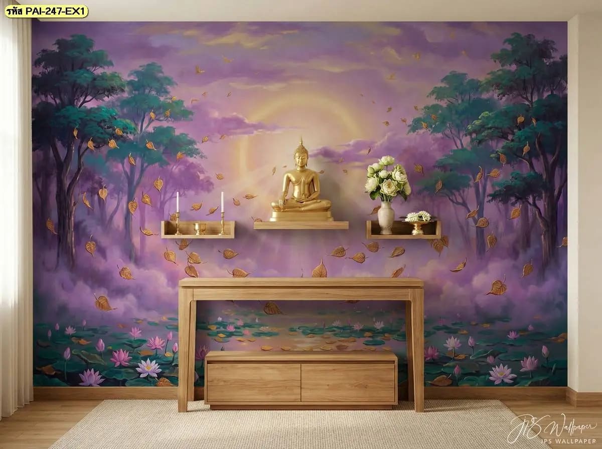 ภาพแต่งผนังห้องพระลายป่าหมอกสีม่วง แสงทอง และดอกบัว ผสานศิลปะธรรมชาติกับบรรยากาศสงบอย่างลงตัว
