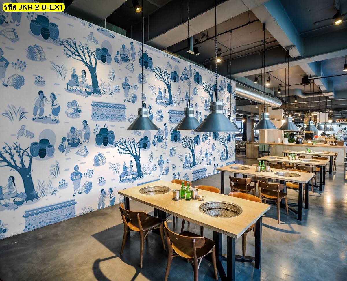 วอลเปเปอร์ลายวิถีชีวิตและธรรมชาติ โดดเด่นด้วยศิลปะสีน้ำเงินบนผนังร้านอาหารสไตล์อินดัสเทรียล