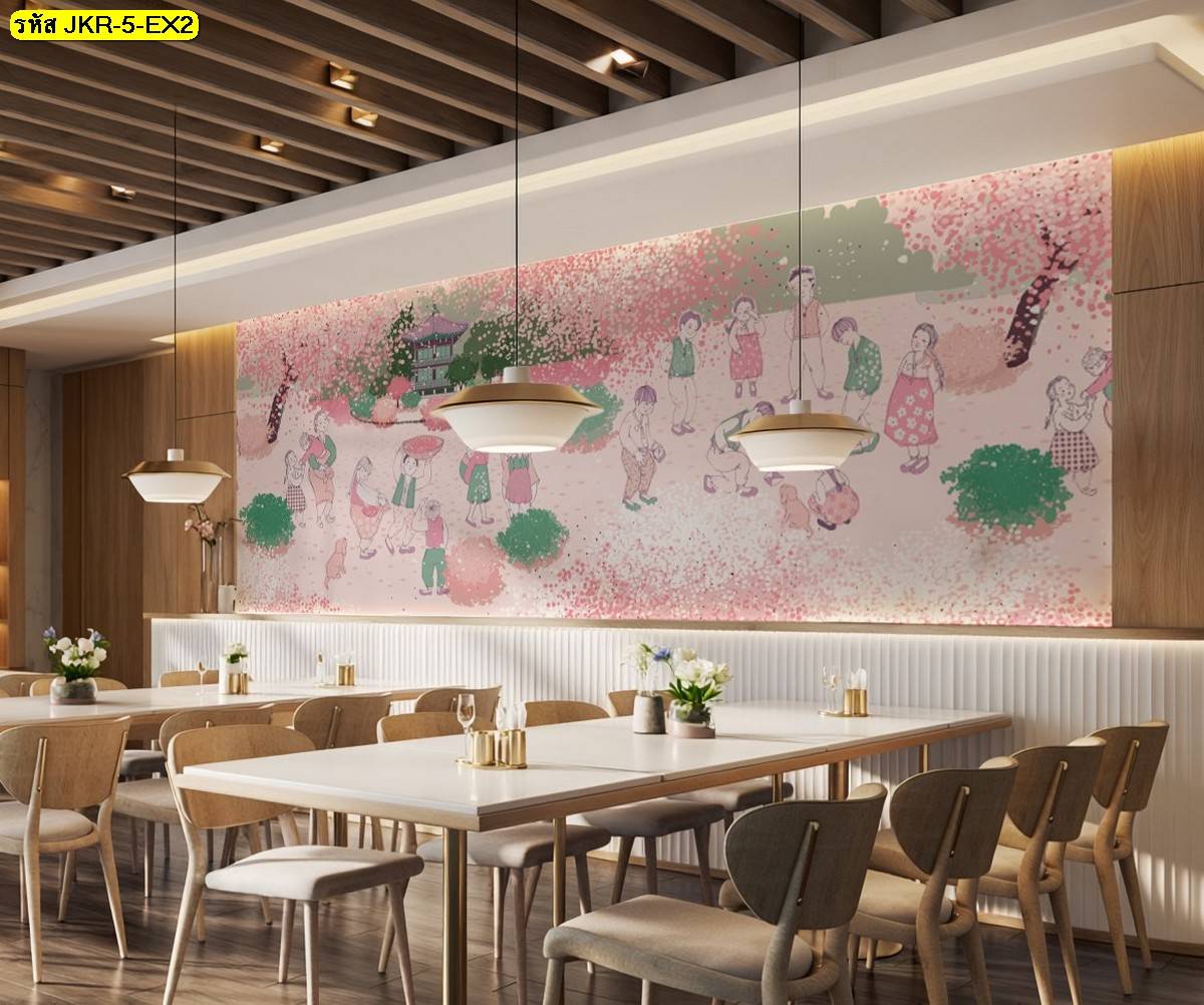 วอลเปเปอร์ลายดอกซากุระและวิถีชีวิตโทนชมพู เติมเรื่องราวให้ผนังร้านอาหาร พร้อมผสานความอ่อนหวานเข้ากับงานไม้ร่วมสมัย