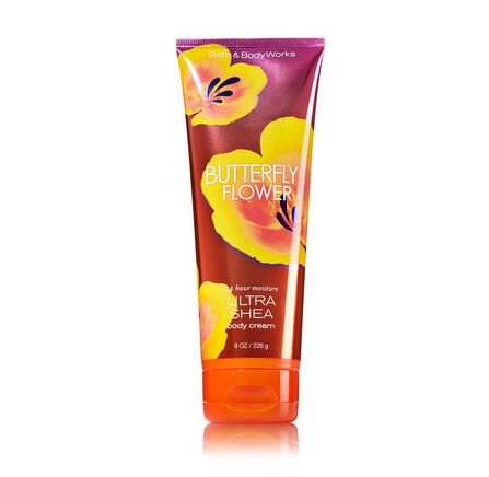 Bath & Body Works Butterfly Flower 24 Hour Moisture Ultra Shea Body Cream 226g. ครีมบำรุงผิวสุดเข้มข้น มีกลิ่นหอมติดทนนาน กลิ่นนี้จะออกแนวดอกไม้นานาพันธุ์ค่ะโดยส่วนตัวคิดว่าคล้ายๆ กับกลิ่นดอกเล็บมือนางบ้านเรานี่ล่ะค่ะ แต่กลิ่นจะหอมแบบอ่อนก