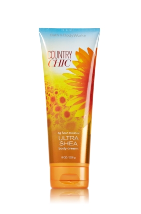 Bath & Body Works Country Chic 24 Hour Moisture Ultra Shea Body Cream 226g. ครีมบำรุงผิวสุดเข้มข้น มีกลิ่นหอมติดทนนาน กลิ่นหอมจากผลมะนาว ดอกไม้ป่า ในฤดูใบไม้ผลิ ให้ความรู้สึกสดชื่นเป็นธรรมชาติ เหมือนเราได้ท่องไปในชนบทของอเมริกาเลยคะ 