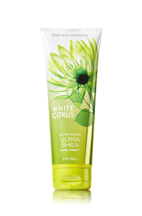 Bath & Body Works White Citrus 24 Hour Moisture Ultra Shea Body Cream 226g. ครีมบำรุงผิวสุดเข้มข้น มีกลิ่นหอมติดทนนาน กลิ่นนี้จะมีความหอมสดชื่นซีตัสมากๆ คล้ายกลิ่นของไอศรีมรสมะนาว ใครที่เบื่อกลิ่นหอมของดอกไม้ลองเปลี่ยนมาใช้กลิ่นนี้ดูรับรอง