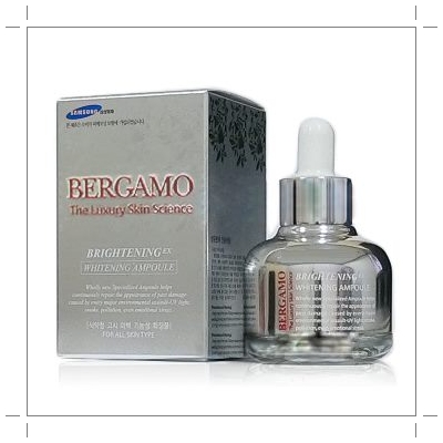 Bergamo The Luxury Skin Science BrighteningEX Whitening Ampoule 30ml. เซรั่มเข้มข้นสูตรไวท์เทนนิ่ง ช่วยแก้ปัญหาผิวหมองคล้ำให้ใบหน้ากระจ่างใส ลดจุดด่างดำ ช่วยฟื้นฟู ซ่อมแซมเซลล์ผิวเสียจากการทำร้ายของสภาวะแวดล้อมต่าง ๆ เช่น รังสียูวี ควัน มลภาวะ