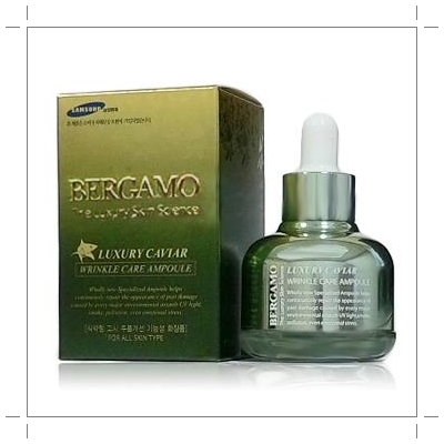 Bergamo The Luxury Skin Science Luxury Caviar Wrinkle Care Ampoule 30ml. เซรั่มสูตรคาร์เวียร์เข้มข้นพิเศษ ช่วยลดเลือนริ้วรอย ร่องลึก ให้ผิวเนียนแน่นกระชับ ด้วยส่วนผสมของคาเวียร์ โปรตีนที่จะช่วยเสริมสร้างคอลลาเจนให้ผิวยืดหยุ่นได้ดี