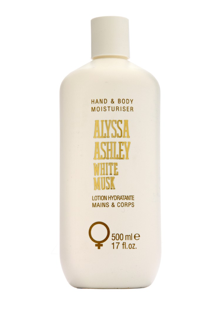 Alyssa Ashley White Musk Hand and Body Moisturiser 500ml ฝาขาว กลิ่นหอมของแป้งเด็ก โลชั่นจากประเทศอิตาลี ช่วยให้ผิวขาวใส ประกายออร่า กระชับผิวให้แลดูกว่าวัย กลิ่น white musk เนื้อครีมเข้มข้น เพิ่มความกระจ่าง ขาวใสให้กับผิว และให้ความชุ่มชื้น บ