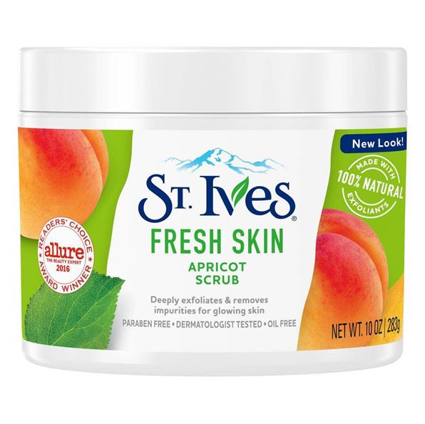 St.Ives Fresh Skin Apricot Scrub (New Look) 283 g. สครับขัดผิว Oil Free ขัดผิวอย่างอ่อนโยนล้ำลึก สกัดจากแอปริค็อต ปราศจากซัลเฟต เม็ดขัดผิวจากธรรมชาติ 100% ไม่มีส่วนผสมของ Paraben ขจัดสิ่งสกปรกและความมันได้หมดจด