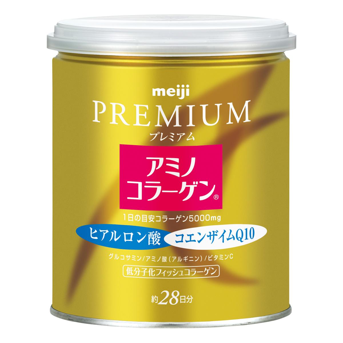 Meiji Amino Collagen Premium + Hyaluronic Acid + Co Q10 แบบกระป๋อง (Can) 200 กรัม / ทานได้ 28 วัน เมจิ อะมิโนคอลลาเจน รุ่นพรีเมียม คอลลาเจนผงคุณภาพสูงจากญี่ปุ่น ให้ผิวสวยสุขภาพดียิ่งขึ้น ด้วย CoQ10 , Hyaluronic Acid ช่วยให้ผิวกระชับเต่งตึง ชุ่