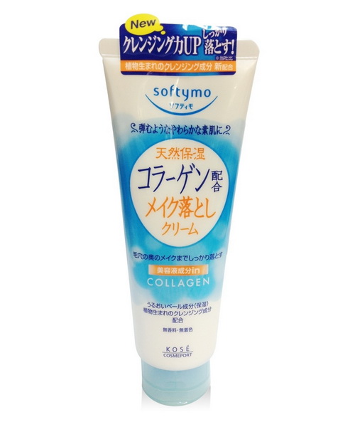KOSE SOFTYMO Super Cleansing Collagen Cream Make Up Remover 210 g. ครีมทำความสะอาดเครื่องสำอางก่อนล้างหน้าซุปเปอร์คอลลาเจน เนื้อครีมเนียนนุ่มที่สามารถทำความสะอาดเครื่องสำอางได้อย่างหมดจด โดยไม่ทำให้หน้าแห้งตึงหลังการล้างหน้า ส่วนผสมของคอลลาเจน