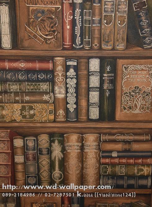วอลเปเปอร์ติดผนัง ลายชั้นวางหนังสือ ตกแต่งห้องสมุด ห้องทำงาน ลายหนังสือพิมพ์