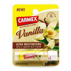 Carmex Ultra Moisturizing Lip Balm SPF 15 #Vanilla ลิปบาล์มแบบแท่ง กลิ่นวนิลลาหอมหวาน บำรุงสำหรับรักษาริมฝีปากไม่ให้แห้ง แตกเป็นขุย ลบรอยดำคล้ำที่ริมฝีปากทำให้ปากเป็นสีชมพู ใสและตึง พร้อมกันแดด SPF15