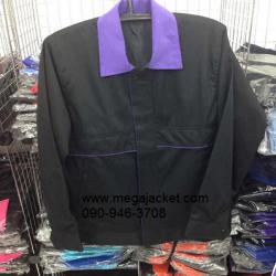 ขาย  เสื้อแจ๊คเก็ตตัดต่อแบบ A เสื้อแจ็คเก็ตสีดำ ปกสีม่วง ผ้า cotton คอม +รับปัก logo เสื้อแจ็คเก็ต 093-632-6441