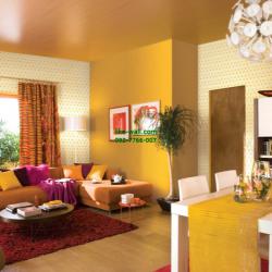 ตัวอย่างภายในบ้าน ตกแต่งด้วย วอลเปเปอร์ติดผนัง ลายเส้นกราฟิก หลากสีสดใส สีเหลือง-เทา