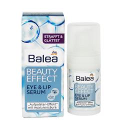 Balea Beauty Effect Eye & Lip Serum 15ml. เซรั่มลดเลือนริ้วรอยแห่งวัยบริเวณรอบดวงตาและริมฝีปาก ด้วยส่วนผสมของกรดไฮยาลูโรนิค ช่วยเติมเต็มความชุ่มชื่นให้ผิวอิ่มฟูขึ้นริ้วรอยร่องลึกดูตื้นขึ้น ผิวแลดูกระชับอิ่มสวยดูอ่นเยาว์