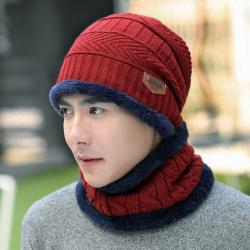 (พร้อมส่งสีแดง) หมวกไหมพรมกันหนาว+ผ้าพันคอกันหนาวผู้ชาย