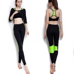 **พร้อมส่ง size  M /L/XL สีดำ-เขียว ชุดออกกำลังกาย/โยคะ/ฟิตเนส เสื้อแขนยาว+บรา+กางเกงขายาว