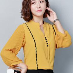 พรีออเดอร์ เสื้อคอจีนสวย ๆ แฟชั่นเกาหลี แขนยาว อัดพลีทด้านหน้า แต่งกระดุมหน้าเก๋ ๆ สี ขาว เหลือง แดง 