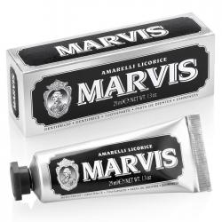 MARVIS Amarelli Licorice Toothpaste Travel Size 25 ml. (สีดำ) ยาสีฟันระดับพรีเมี่ยม สูตรหอมสดชื่น หอมหวานจากลูกอม Amarelli การร่วมมือกับ Amarelli ผู้ผลิตลูกอมระดับโลกที่มีประวัติอย่างยาวนาน พร้อมรสชาติหวานปนขมนิดๆ ตามฉบับของ Amarelli ซึ่งจะทำให้