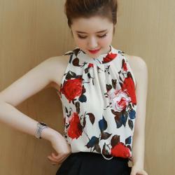 พรีออเดอร์ เสื้อแฟชั่นสวย ๆ เสื้อชีฟอง แขนกุด ลายดอก คอสูง เสื้อสวยๆ สไตลเกาหลี สี แดง ดำ