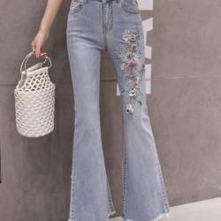 พรีออเดอร์ กางเกงขายาว ปักลายดอกไม้ ข้าง กางเกงยีนส์ แฟชั่นเกาหลี สี ยีนส์อ่อน