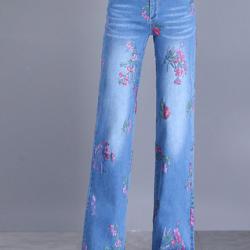 พรีออเดอร์ กางเกงขายาว กางเกงขาบาน ลายดอกไม้ ผ้าเนื้อดี เสื้อผ้าแฟชั่นเกาหลี สี ยีนส์ซีด สีพื้นและลายดอกไม้สีแดง 