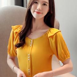 พรีออเดอร์ เสื้อแฟชั่น แขนตุ๊กตา คอกว้าง แต่งกระดุมหน้าสุดเก๋ เสื้อผ้าผู้หญิง ชุดทำงาน สไตลเกาหลี สี เหลืองสด แดง ขาว