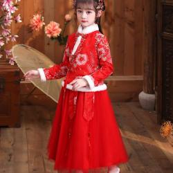 7C93 ชุดเด็กหญิง ชุดจีนโบราณ ชุดจอมยุทธ ชุดตรุษจีน ฮั่นฝู เจ้าพ่อเซี่ยงไฮ้ แดงแขนยาว Hanfu Shanghai Chinese Costume