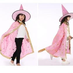 7C103 ชุดเด็ก ชุดฮาโลวีน ชุดแม่มด ผ้าคลุมและหมวก สีชมพูลายดาวทอง Pink GoldStar The Witch Halloween