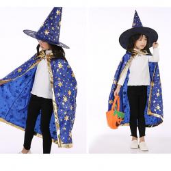 7C105 ชุดเด็ก ชุดฮาโลวีน ชุดแม่มด ผ้าคลุมและหมวก สีน้ำเงินลายดาวทอง Blue GoldStar The Witch Halloween