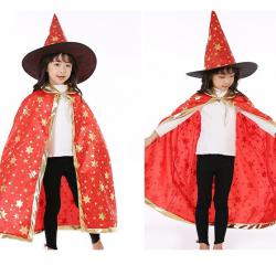 7C106 ชุดเด็ก ชุดฮาโลวีน ชุดแม่มด ผ้าคลุมและหมวก สีแดงลายดาวทอง Red GoldStar The Witch Halloween