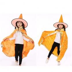 7C107 ชุดเด็ก ชุดฮาโลวีน ชุดแม่มด ผ้าคลุมและหมวก สีส้มลายดาวทอง Orange GoldStar The Witch Halloween