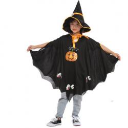 7C108 ชุดเด็ก ชุดฮาโลวีน ชุดแม่มด ผ้าคลุมและหมวก สีดำลายฟักทอง Black Pumpkin The Witch Halloween