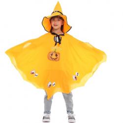 7C109 ชุดเด็ก ชุดฮาโลวีน ชุดแม่มด ผ้าคลุมและหมวก สีส้มลายฟักทอง Orange Pumpkin The Witch Halloween