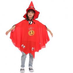 7C110 ชุดเด็ก ชุดฮาโลวีน ชุดแม่มด ผ้าคลุมและหมวก สีแดงลายฟักทอง Red Pumpkin The Witch Halloween