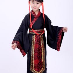 7C119 ชุดเด็กชาย จีนโบราณ ชุดจอมยุทธ์ ฮั่นฝู ดำ ผ้าแถบห้อยแดง Hanfu Black RedFrontBar