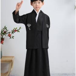 7C122 ชุดเด็ก ชุดกิโมโน ชุดยูกาตะ ชุดซามูไร สีดำลายใบพัด Kimono Yukata Black and Fan Pattern Costumes