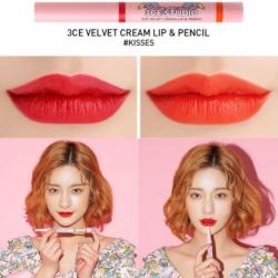 3CE Velvet Cream Lip & Pencil Lipstick #Kisses ลิปแท่ง 2 หัว ด้านหนึ่งเป็นแบบจุ่มลิปลิควิดที่เนื้อ Vetvet เนื้อแมทกำมะหยี่กึ่งทิ้นส์ สีสวยติดทนนาน อีกด้านเป็นลิปดินสอเนื้อครีมแมท สามารถทาไล่เฉด หรือไว้สำหรับตัดขอบปากก็ได้ ลิปสติกสีเป๊ะ ทาแล้