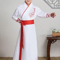 7C142 ชุดเด็กชาย จีนโบราณ ชุดจอมยุทธ ฮั่นฝู ร่วมสมัย ขาว สายรัดแดง Modern Hanfu White RedBelt