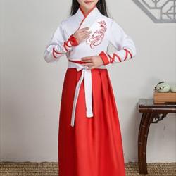 7C144 ชุดเด็กหญิง จีนโบราณ ชุดจอมยุทธ ฮั่นฝู ร่วมสมัย ขาว กระโปรงแดง Modern Hanfu White RedSkirt