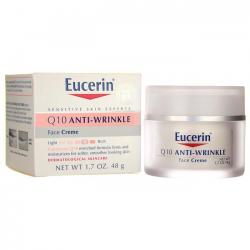 Eucerin Q10 Anti Wrinkle Face Creme 48g. ครีมบำรุงผิวหน้ามีส่วนผสมของโคเอนไซม์Q10มีคุณสมบัติในการลดเลือนริ้วรอยก่อนวัยช่วยให้ผิวกระชับเต่งตึงอีกทั้งยังช่วยให้ผิวแลดูเรียบเนียนขึ้น