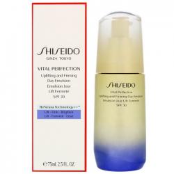 Shiseido Vital Perfection Uplifting and Firming Day Emulsion SPF30 PA+++ 75 ml. อิมัลชั่นที่ช่วยปกป้องผิวจากความแห้งกร้านและรังสียูวีในช่วงระหว่างวัน ทำให้ผิวรู้สึกยืดหยุ่นดูแน่นกระชับพร้อมลดเลือนจุดด่างดำ เนียนกระจ่างใส แลดูอ่อนเยาว์ขึ้น เนื้