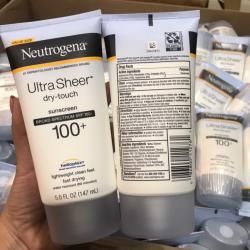 Neutrogena Ultra Sheer Dry-Touch Sunscreen SPF 100+ ขนาด 147 ml. แบรนด์ครีมกันแดดที่แนะนำโดยแพทย์ผิวหนังสหรัฐอเมริกา สำหรับสาวๆที่ทำงานกลางแจ้ง แดดแรง หรือแม้ผู้ที่ทำงานนั่งในออฟฟิศที่เปิดไฟนีออนทั้งวัน ด้วยเทคโนโลยี HELIOPLEX ปกป้องผิวจาก UVA