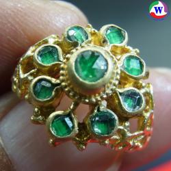 แหวนทองเหลืองลายโบราณ เบอร์ 51 ยกดอก พลอยบุดน้ำเพชรสีเขียว