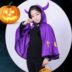 7C224.3 ชุดเด็ก ชุดฮาโลวีน ผ้าคลุมปีศาจน้อย ผ้าคลุมแม่มดมีเขา สีม่วง Purple Devil Cloak Costume