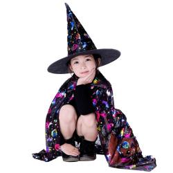 7C232.1-สีดำ ชุดเด็ก ชุดฮาโลวีน ชุดแม่มด ผ้าคลุมและหมวก ผ้าคลุมฮาโลวีน The Witch Cloak Halloween