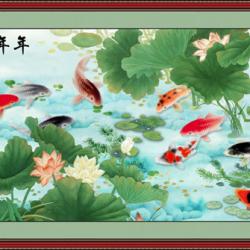 Nine Fish & Lotus (พิมพ์ลาย)